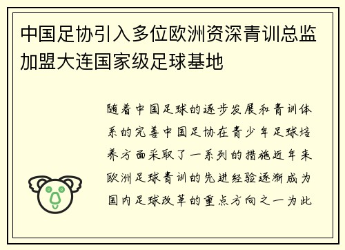 中国足协引入多位欧洲资深青训总监加盟大连国家级足球基地