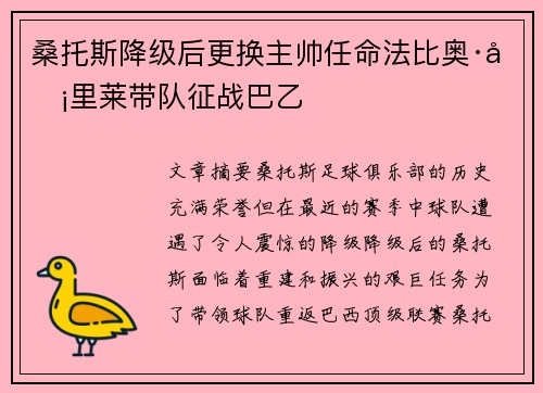 桑托斯降级后更换主帅任命法比奥·卡里莱带队征战巴乙 桑托斯降级后更换主帅任命法比奥·卡里莱带队征战巴乙