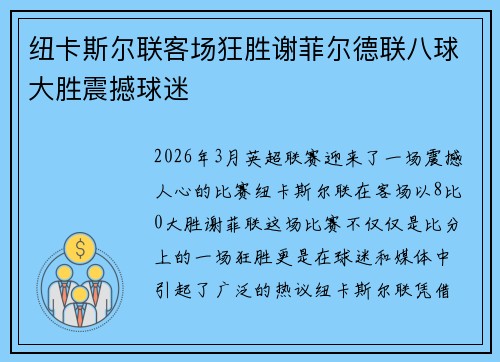纽卡斯尔联客场狂胜谢菲尔德联八球大胜震撼球迷